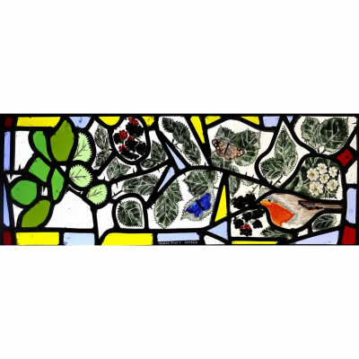 My original concept for the right-hand panel of Lillies was to have an unruly bramble take over the window, breaking the border, and becoming increasingly less stylised from left-to-right. However, this approach turned out to be a bit too radical.