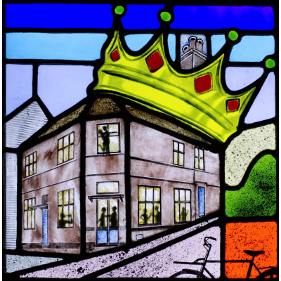 I made this panel for a lockdown art competition the pub was running. The butcher's bike at the bottom right refers to the Jimmy Read Memorial bike race, which is held annually up up Crown Lane, the steep hill alongside the pub.