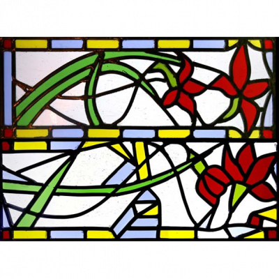 This was a commission for an Edwardian house in Warrington. The colours and style echo existing glass in the house. The panels appear side-by-side above double doors.