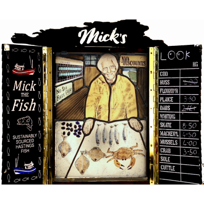 This panel celebrates Hastings fishmonger Mick Stanley, who operates one of the famed fish shacks on the Stade. It's animated: the fish wiggle and there is a working zap-o-bug. You can watch a short video of this by following <em><a href="https://youtu.be/Qz503X6r298" target="_blank" style="color: red;" rel="noopener">this link</a>