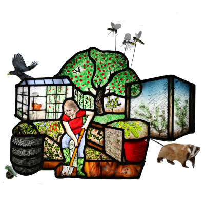 This kinetic piece was selected for the British Glass Biennale 2024. It documents the pests and problems of cultivating an allotment. You can watch a short video by following <em><a href="https://youtu.be/_-ShUhxq2mo" target="_blank" style="color: red;" rel="noopener">this link</a></em>